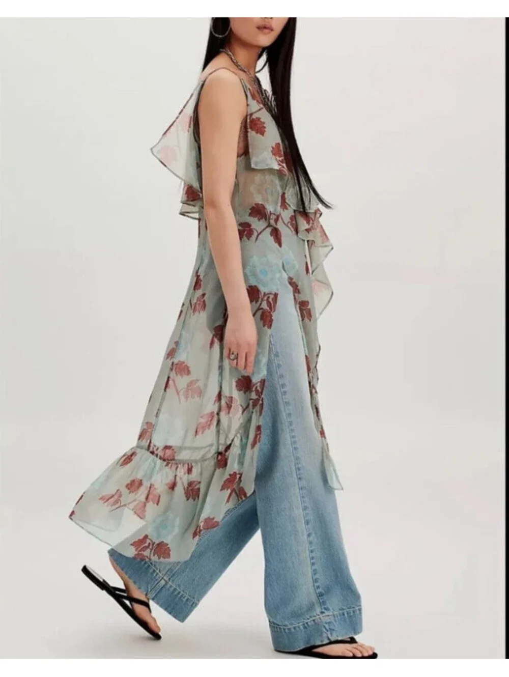 NWOT Free People Sunfaded Ruffle Floral Print Maxi Top- Sage Combo XS $148msrp